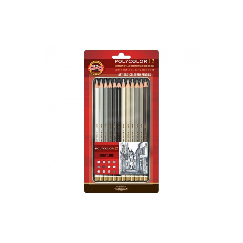 Koh-i-noor polycolor artistic pencils 12 col. gray metal packaging