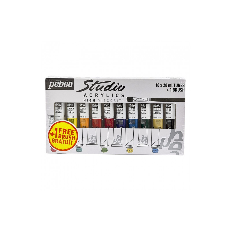 Pebeo studio zestaw farb akrylowych 10x20ml + pędzel - szał dla plasty