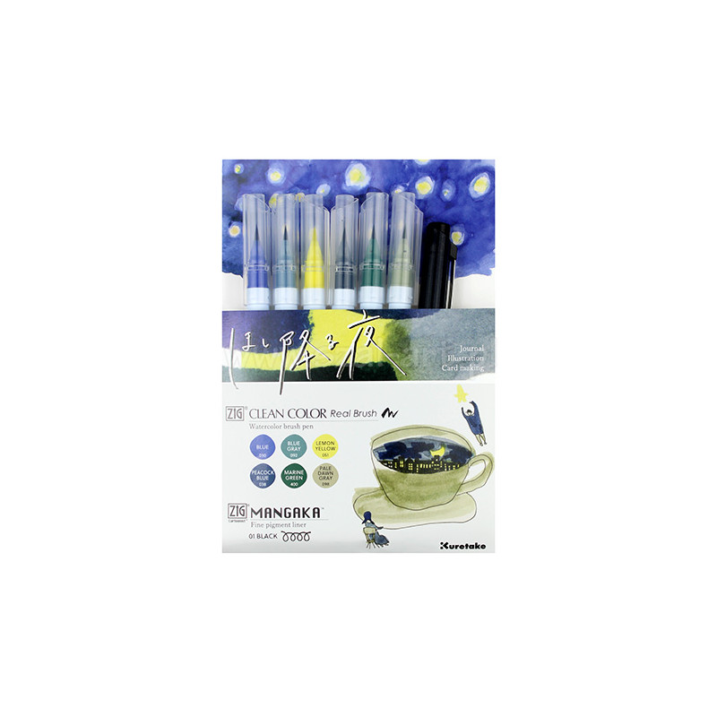 Kuretake clean color real brush blue gray green 6pcs + mangaka