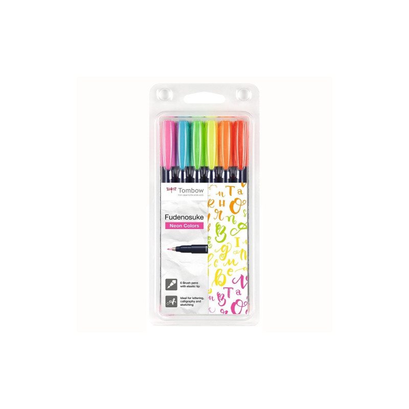 Tombow Fudenosuke flamaster brush pen zestaw 6 pisaków - sklep plastyc