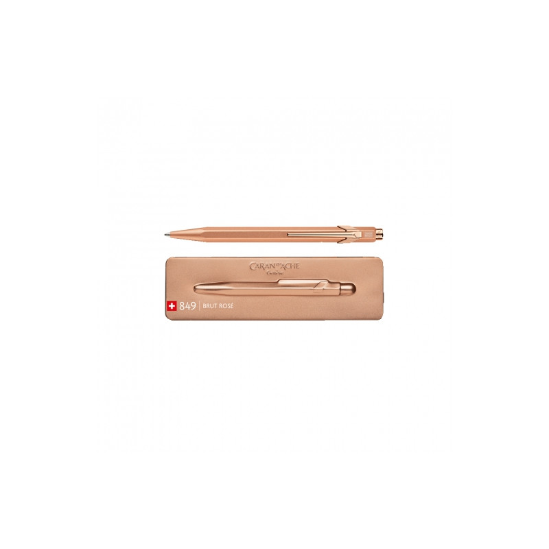 Caran'dAche 849 roller ballpoint pen in a brut rose case