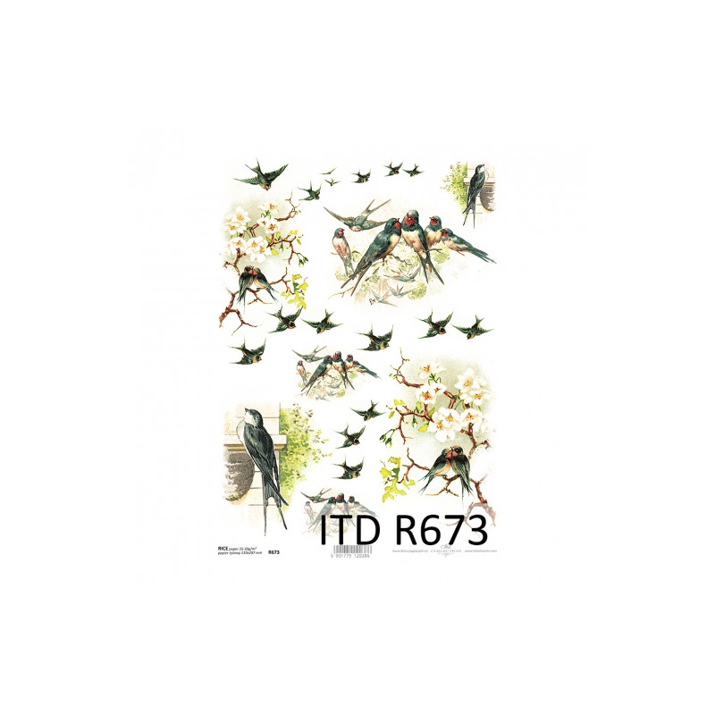 Papier ryżowy do decoupage A4 ITD R673 wiosna ptaki - sklep plastyczny