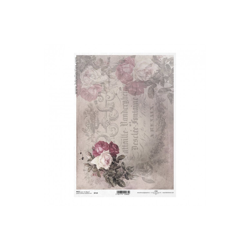Papier ryżowy do decoupage vintage róża napisy A4 ITD R719 - sklep pla