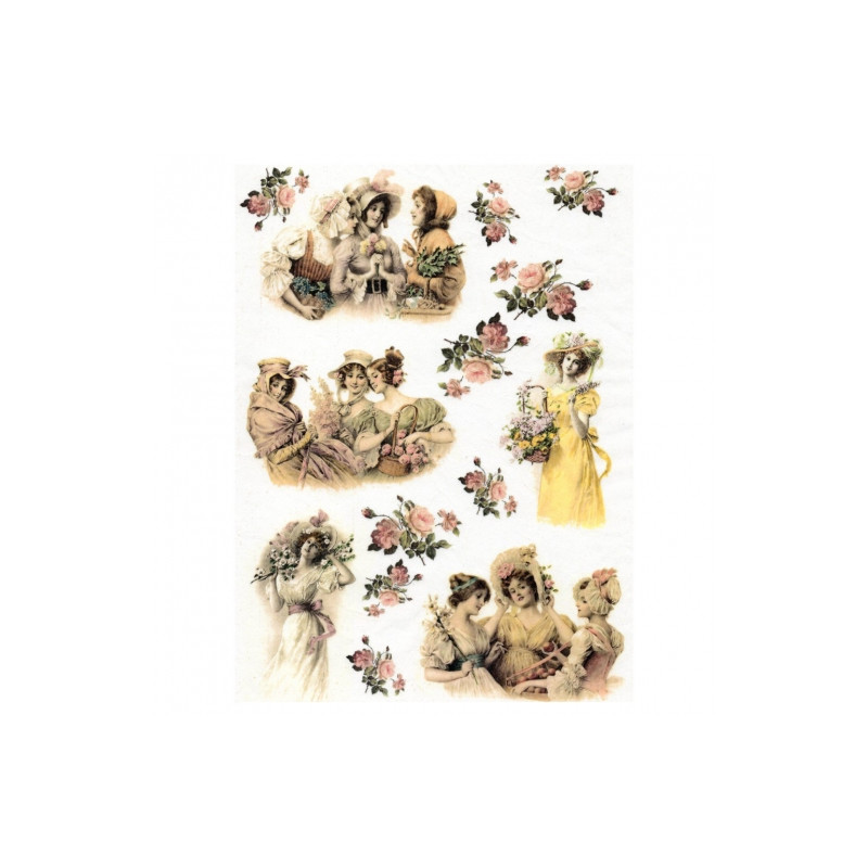 Rice paper for decoupage vintage women flowers A4 ITD R366