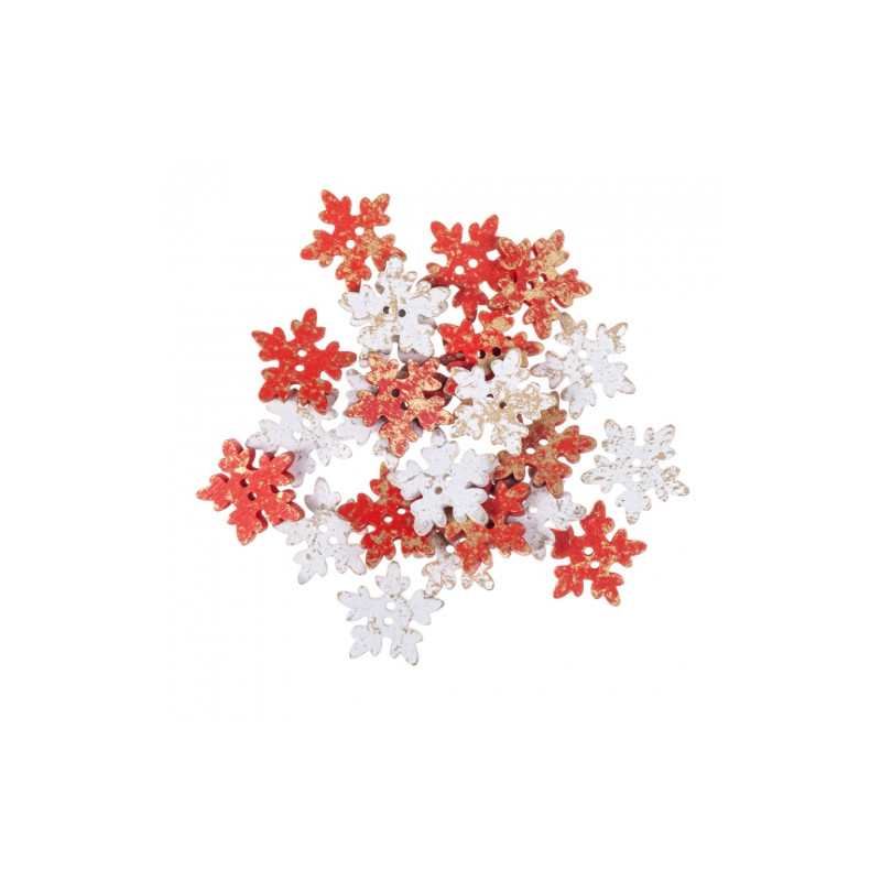DP Craft drewniane guziki śnieżynki 2,5cm 24 szt czerwone i białe złoc