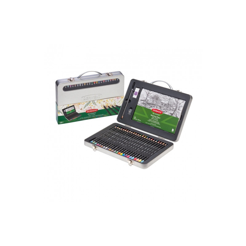 Derwent academy carry tin 24 pencils + block + accessories in a metal