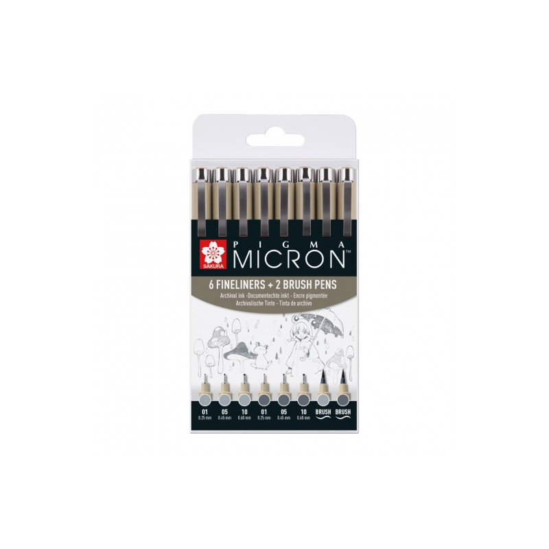 Sakura pigma micron gray zestaw 8szt- sklep plastyczny szał dla plasty