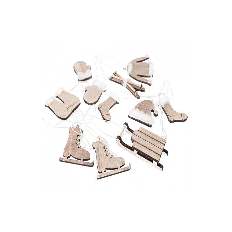 DpCraft winter wooden motifs with fur and a pendant 11 pcs