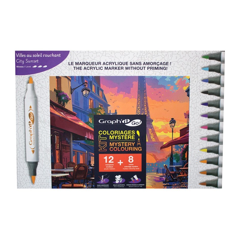 Graphit GO city sunset zestaw markerów akrylowych 12 sztuk + 8 kolorowanek