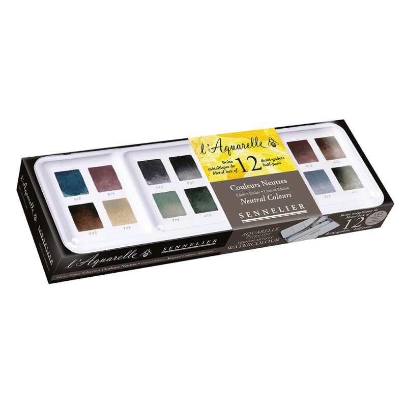 Sennelier l'aquarelle Neutral colours watercolor set in half-pans, 12 pieces, metal case