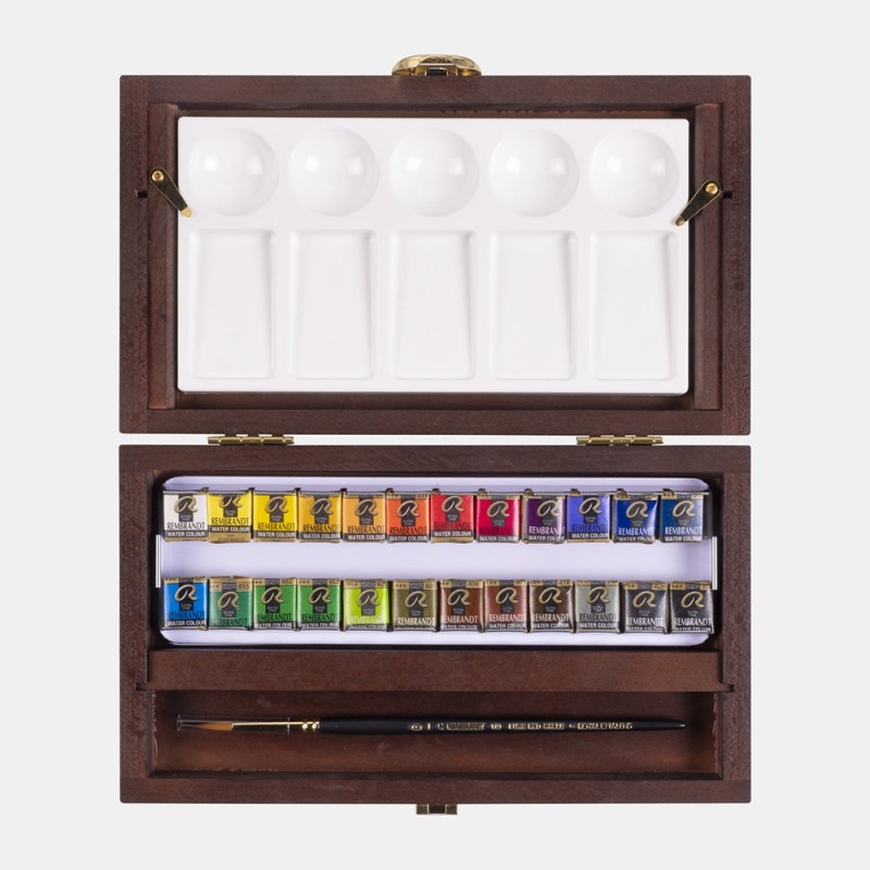 Talens Rembrandt Traditional Set of 24 Watercolor Half-Pan Paints in a Wooden Case