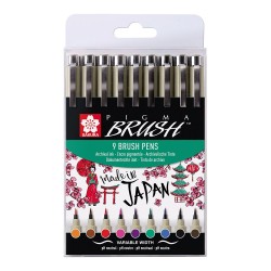 Set of 9 coloured pens Pigma Brush Sakura - szal art - sklep plastyczn